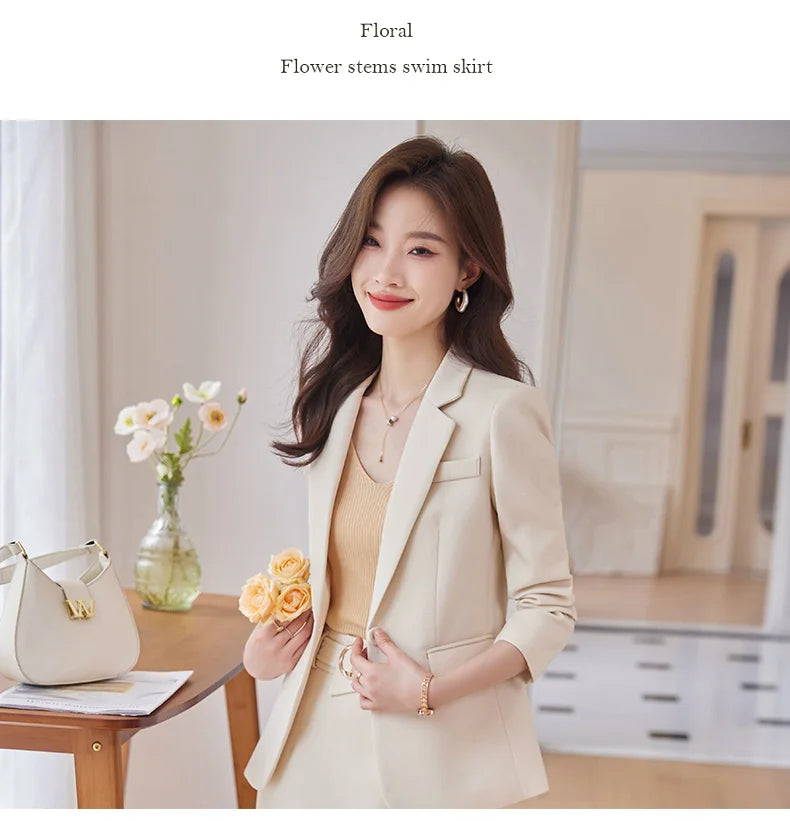 NAVIU Pink Suits Women New 2023 Autumn Fashion Temperament Professional Blazer And Skirt Office Lady Work Wear Two Piece Sets