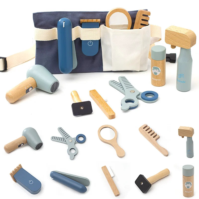 Kids Wooden Makeup Haircut Toy Beauty Fashion Salon Playset Games Combs Hair Dryer Pretend Play House Barber Makeup Kit Girl Toy