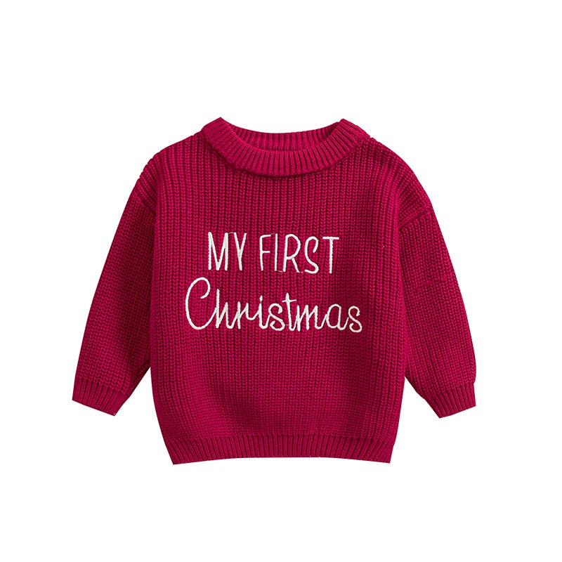 Baby Christmas Sweaters Letter Embroidered Long Sleeve Round Neck Knitted Pullover