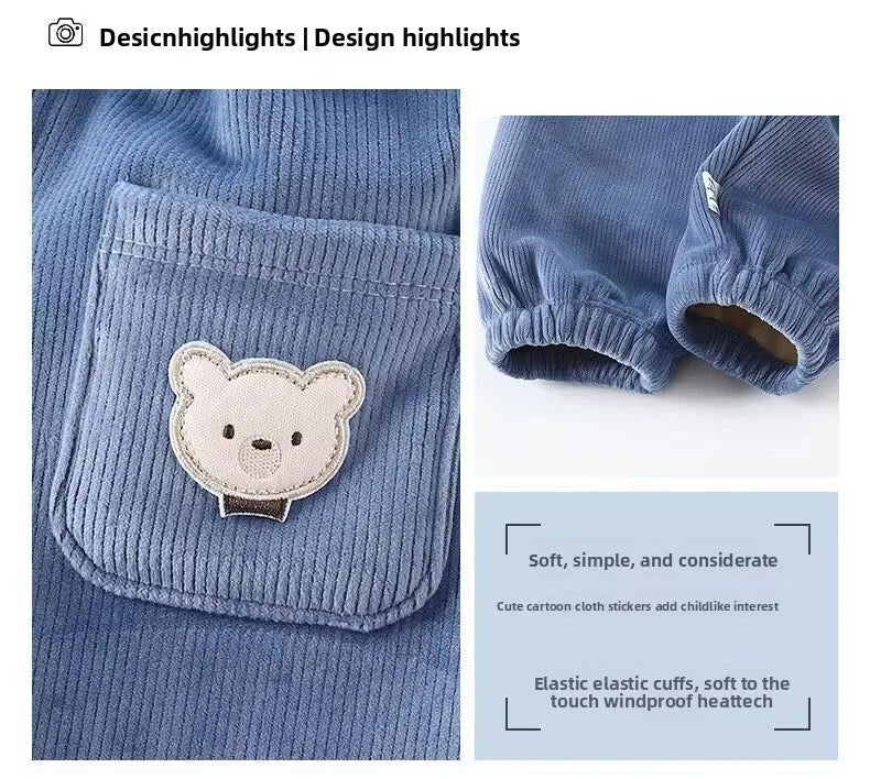 1pcs Boy Girl Winter Velvet Corduroy Kids Pants Little Bear Cartoon Mid Waist Warm Pantalones Baggy Thick Plush Children Trouser