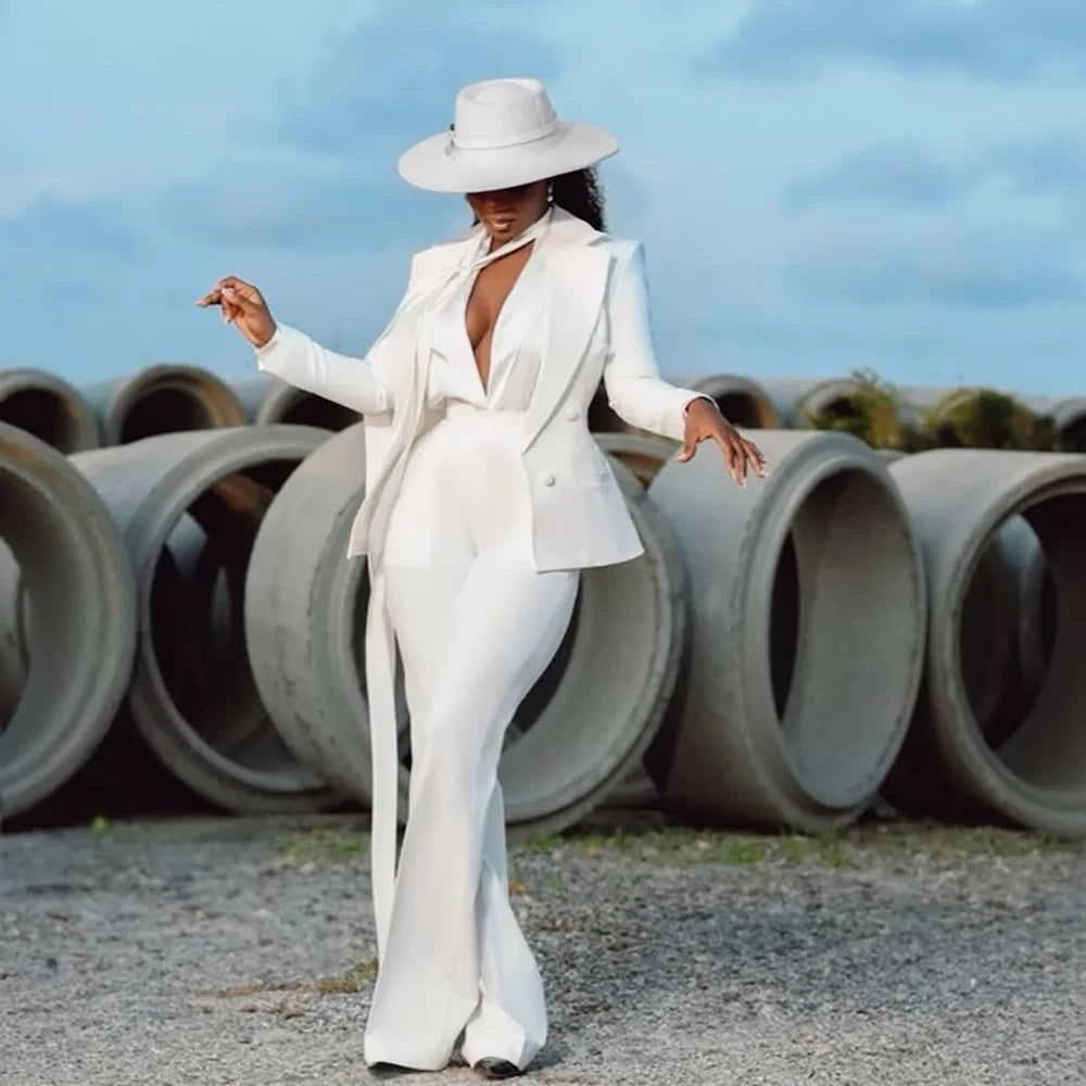 Fashion Pure White Female Suit 2 Pieces Jacket Pants Women Ladies Evening Party Tuxedos Formal Work Wear For Wedding