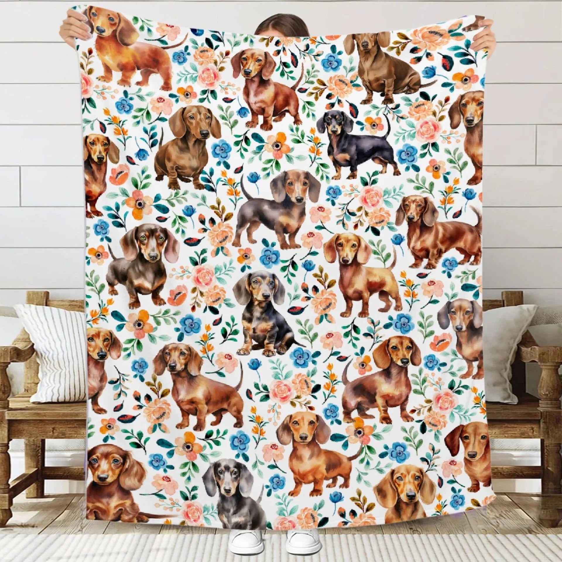 VIKAMA Cute Dachshund Blanket, Soft And Skin-Friendly Flannel Cartoon Printed Blanket, Sofa, Bedroom, Dormitory, Nap Blanket