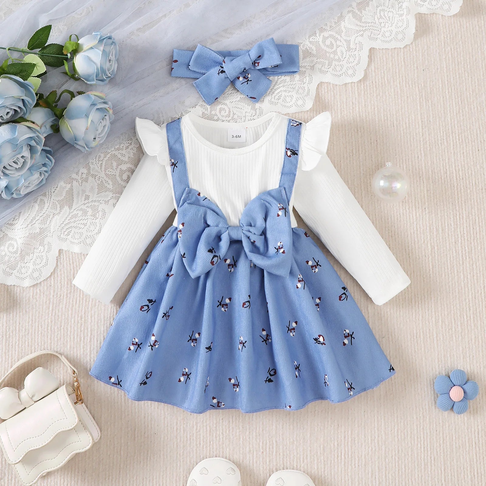 Baby Girl Spring and Autumn Dress Blue Crushed Goods Big Bow Long Sleeve Dress Suitable for Cute Baby Girls Aged 0-24 Months
