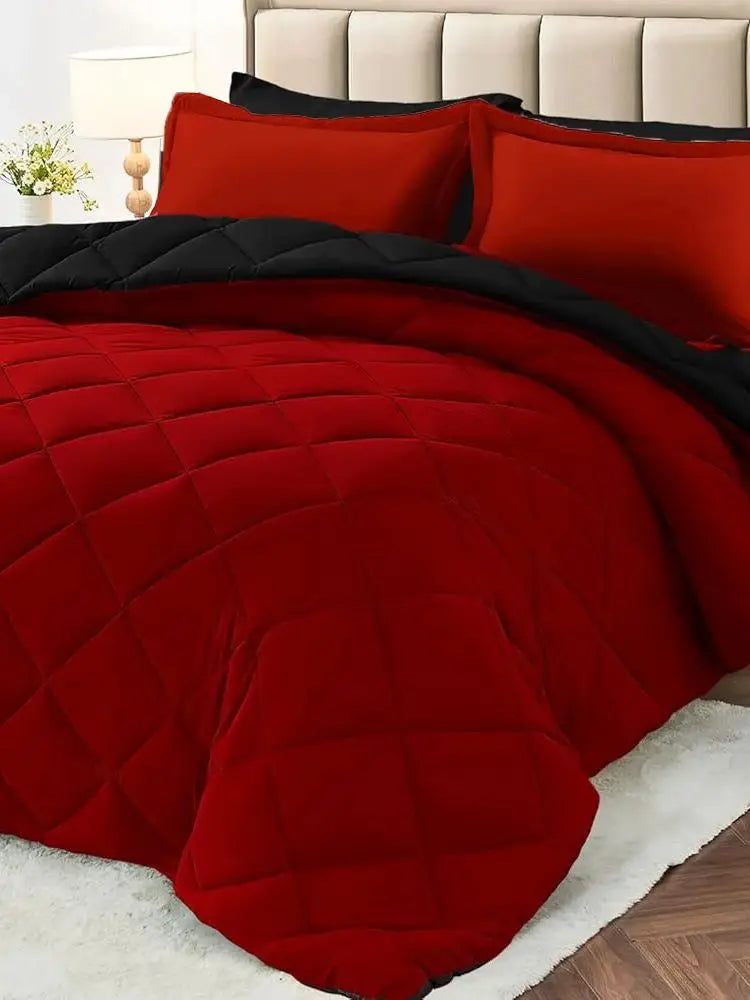 2/3pcs Reversible Comforter Set, All Season Bedding Set with Comforter, Pillow Shams, Red & Black, Down Alternative Duvet Insert