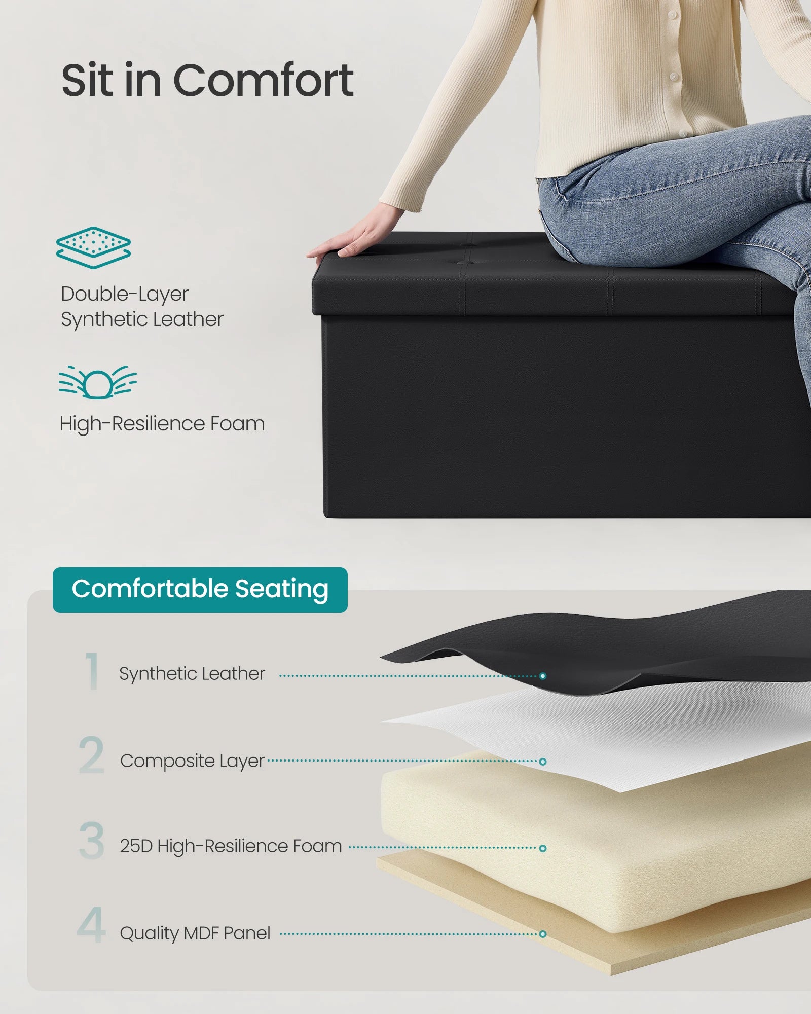 Bly GMICS 43-Banc de Rangement Pliant pour Bateau, Coffre de Rangement, Repose-Pieds, Table Basse, Siège Rembourré, Faux Cuir