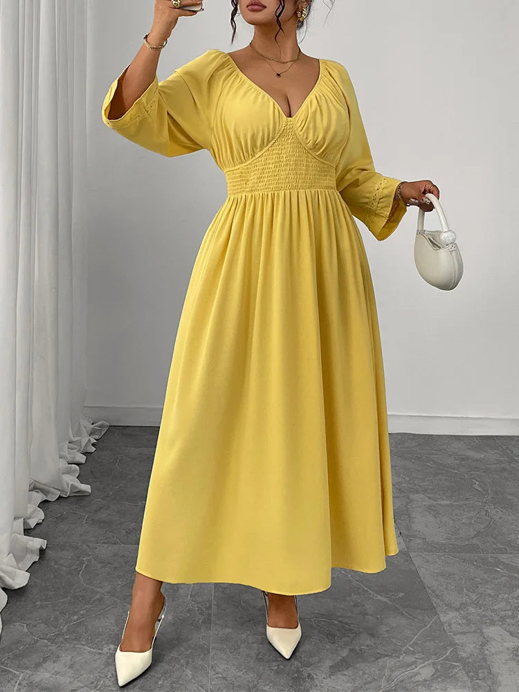 GIBSIE Plus Size Deep V-neck Sexy Long Dress Women Autumn 2025 New Solid Party Elegant High Waist Elastic A-Line Dresses