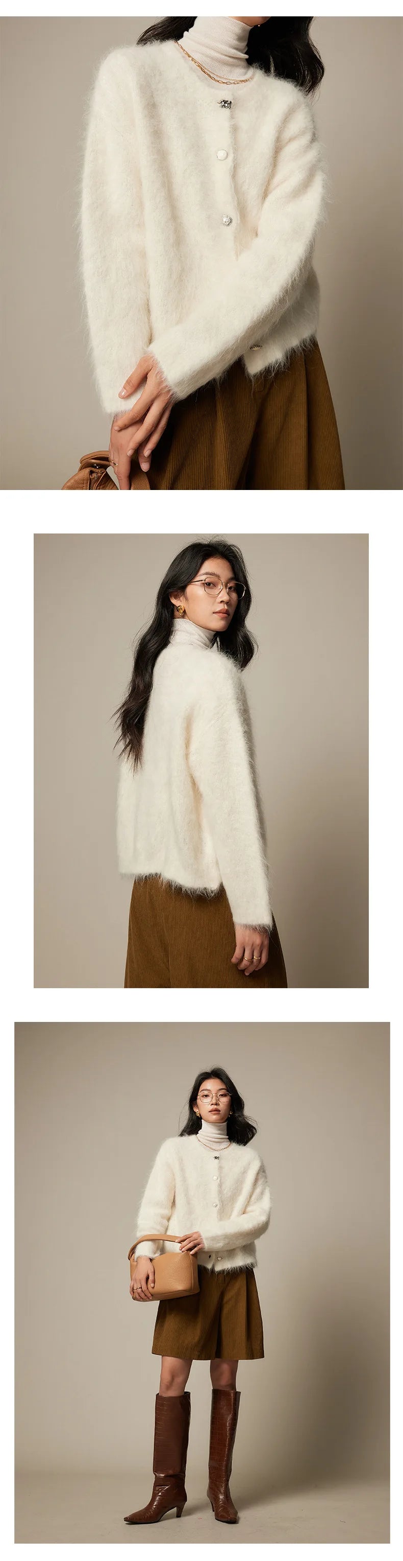 Winter Alpaca Wool Knitted Cardigan Women Soft Round Neck Single Breasted Loose Button Sweater Coat