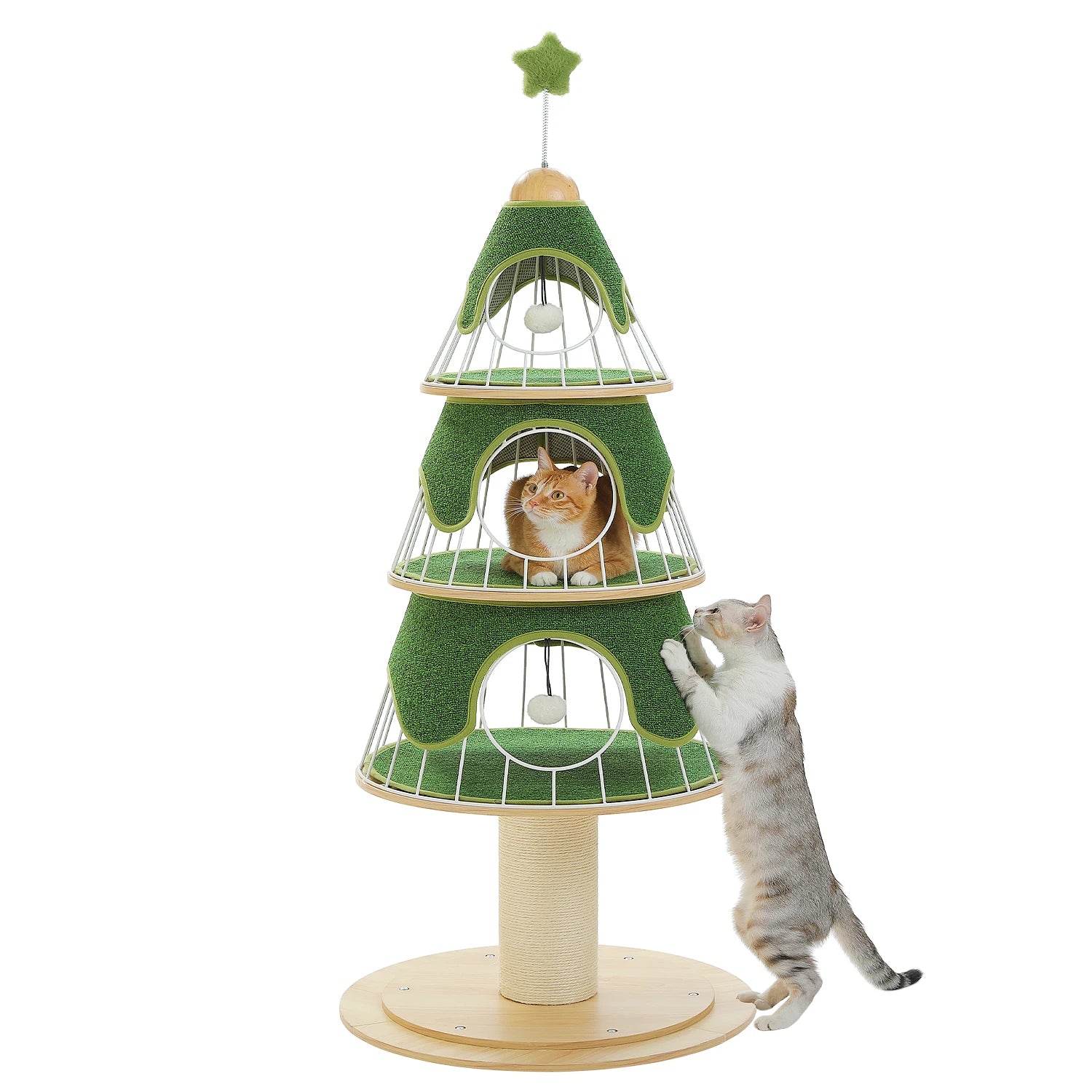 Christmas Cat Tree Tower with 3 Cozy Condos &amp; Pompoms Multi-Level Cat House Bed for Indoor Cats Modern Cat Furniture Cat Toys