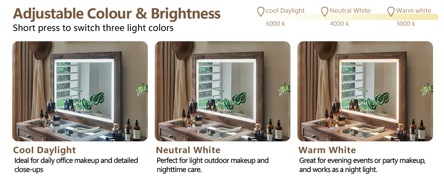 Rustic wood bedroom dresser, 69" wide, with glass top, 9 large storage drawers, 3 usable color lights and 30" HD LED mirror