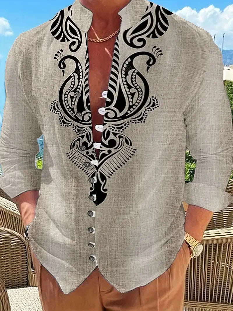 Fashionable Men's Long Sleeve Shirt 3D Half Color Flower Print Men's Casual Button Long Sleeve Shirt Top