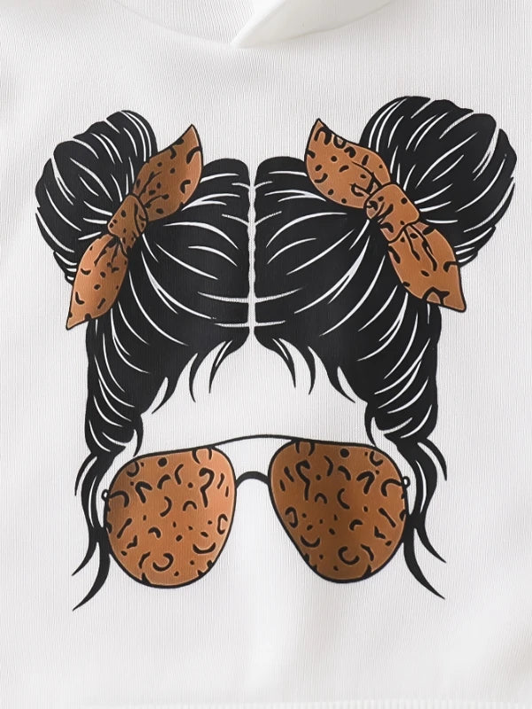 Spring Autumn Baby Girl Cartoon Headprint Fleece Hoodie And Pleated Pants Matching Two-Piece Set Cute Infant Clothing