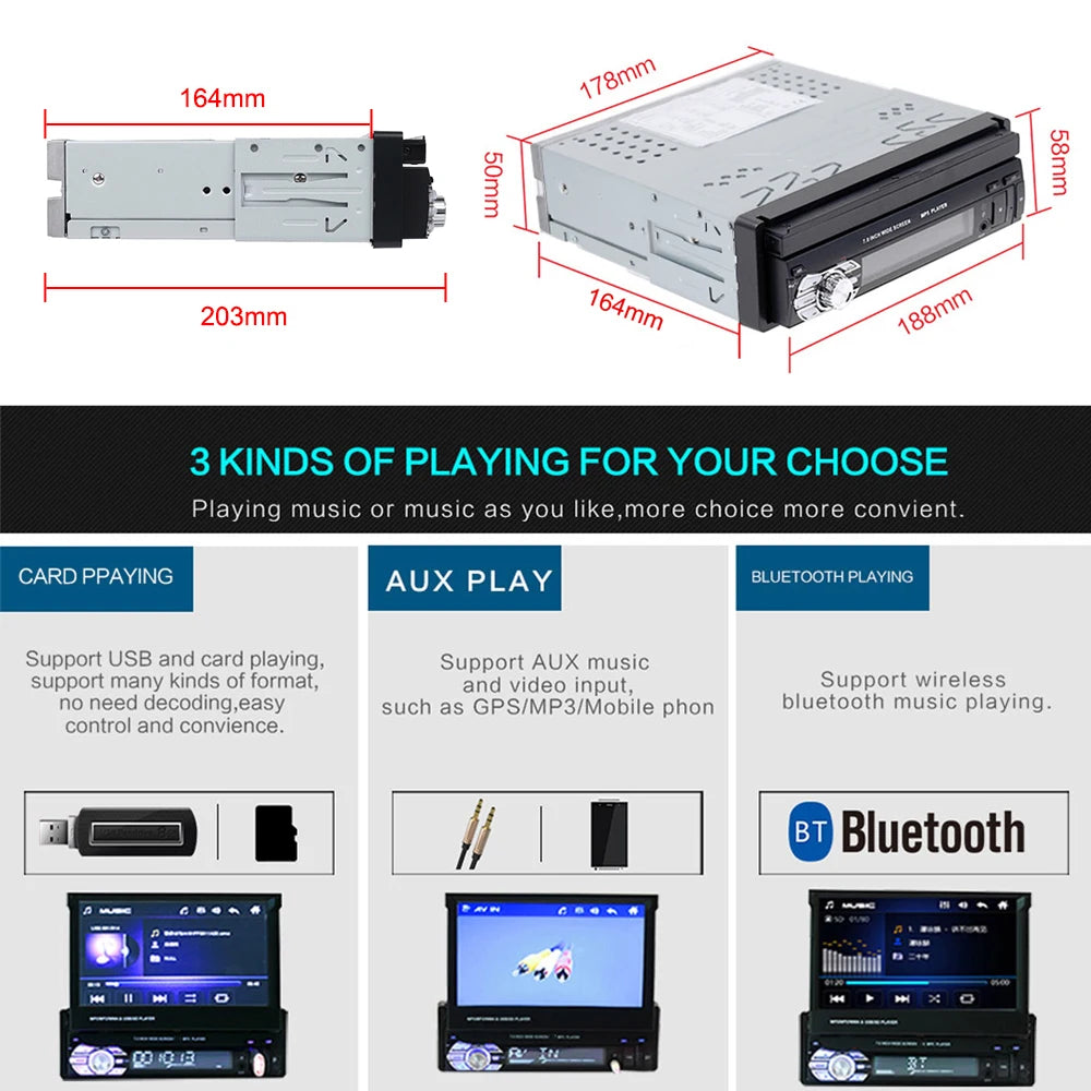 Podofo 1Din MP5 Player Mirrorlink Multimedia Player Bluetooth FM USB EQ 4Core 7 ''Retractable Screen Touch Screen Car Radio