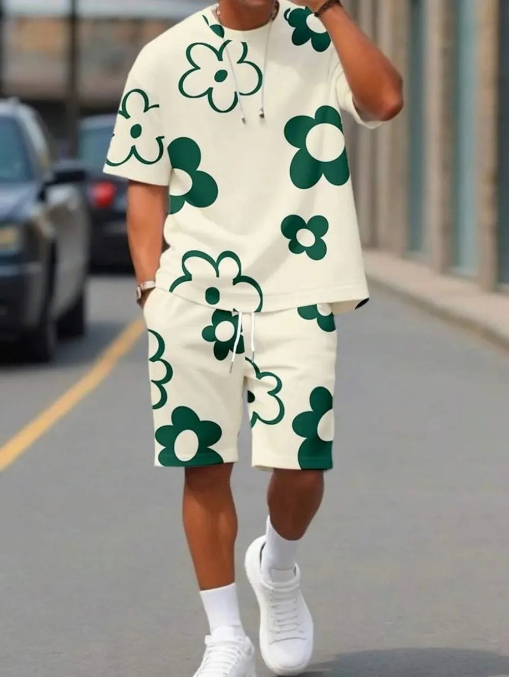 Men's 3D printed round neck short sleeved breathable and comfortable round neck T-shirt shorts set outdoor casual two-piece set