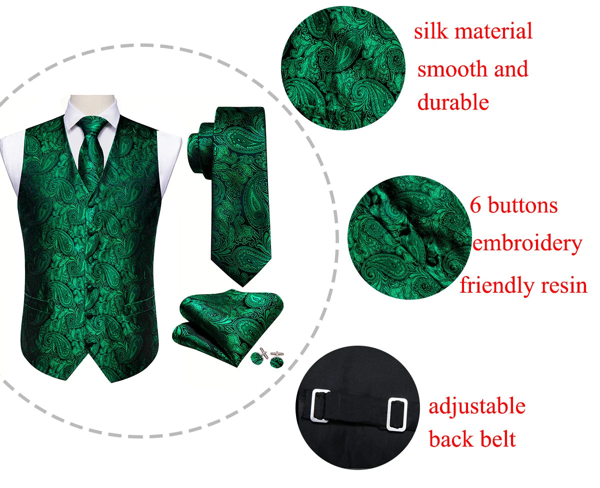 Elegant Vest for Men Silk Green Paisley Plaid Flower Slim Fit Male Suit Embroidered Waistcoat Dress Formal Jacket Barry Wang