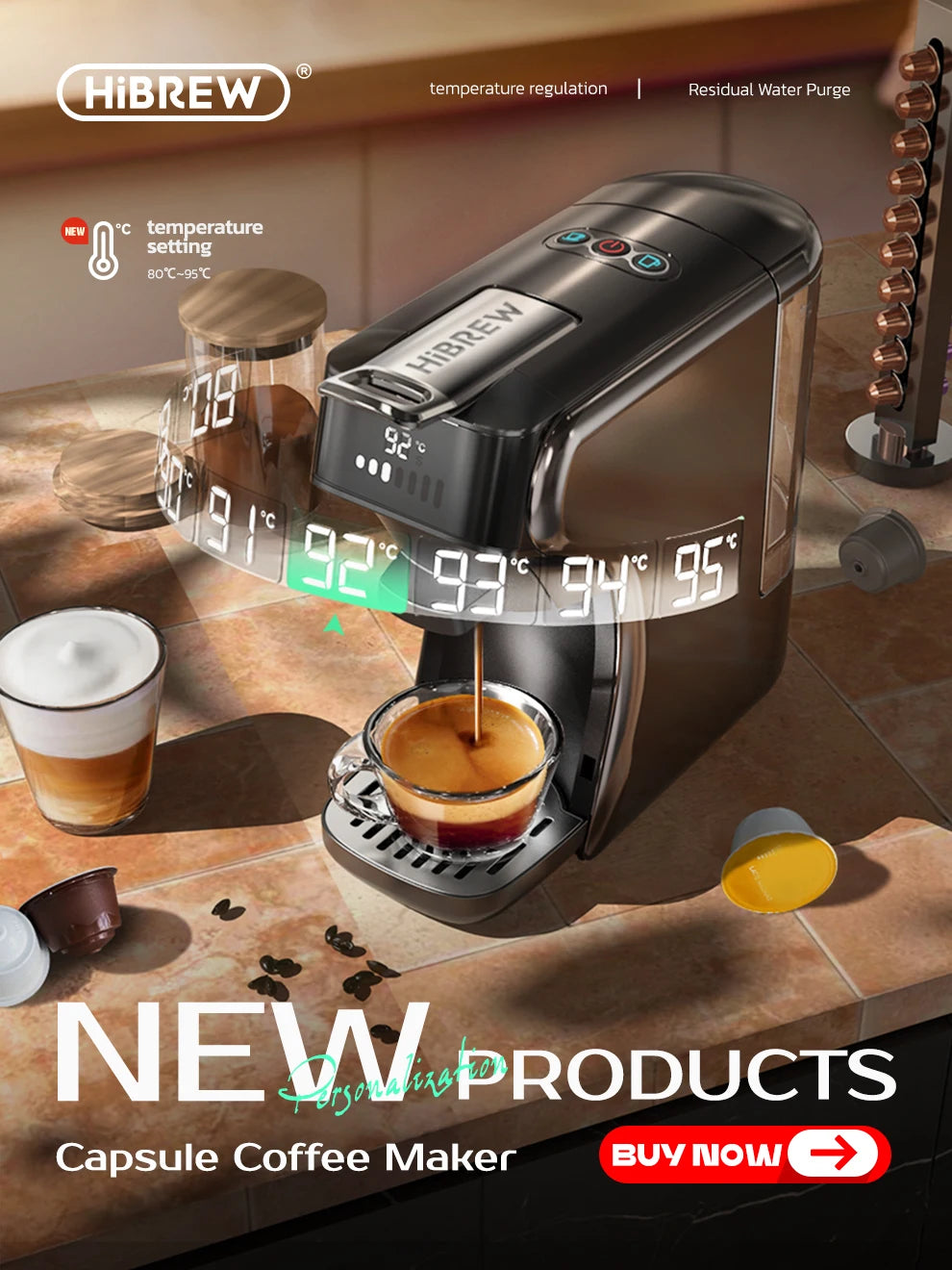 HiBREW 5 in 1 Multiple Capsule Coffee Machine Hot/Cold DG Cappuccino Nes Small Capsule ESE Pod Ground Coffee Cafeteria 20Bar H2B