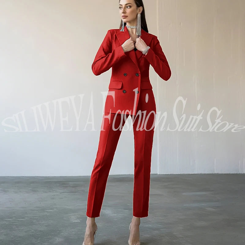 Fashion Chic Burgundy Red Purple Women Suit Double Breasted 2 Piece Jacket Pants Blazer Set Slim Fit Office Lady Female Clothing