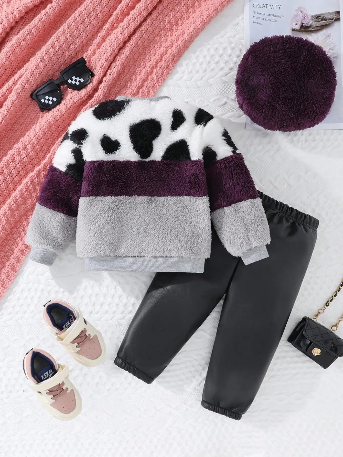 A 3-Piece Set Of Warm Plush Patchwork Hoodie Black Casual Leather Pants And Plush Hat For Baby Girls In Autumn And Winter