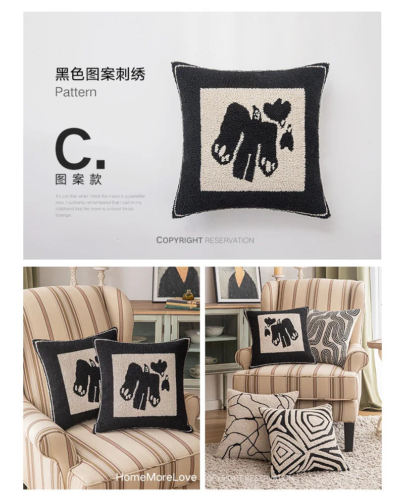 New Geometric Abstract Embroidered Cushion Cover Modern Beige Black Fully Tufted Pillowcase Home Decorative Pillows for Sofa