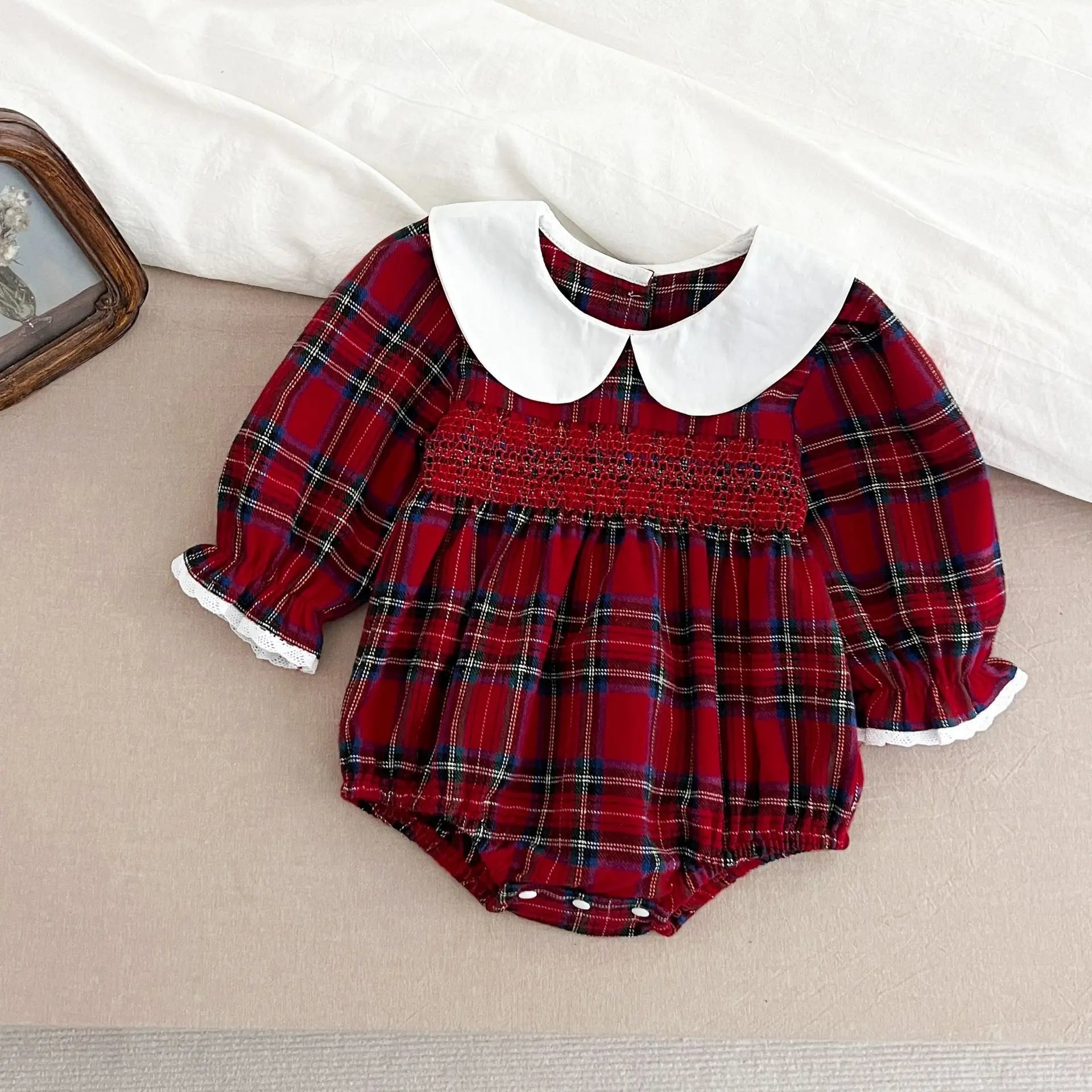 Christmas Infant Baby Girl Romper Autumn Winter Newborn Baby Girl Children Clothes Red Plaid Lapel Long Sleeved Newborn Romper