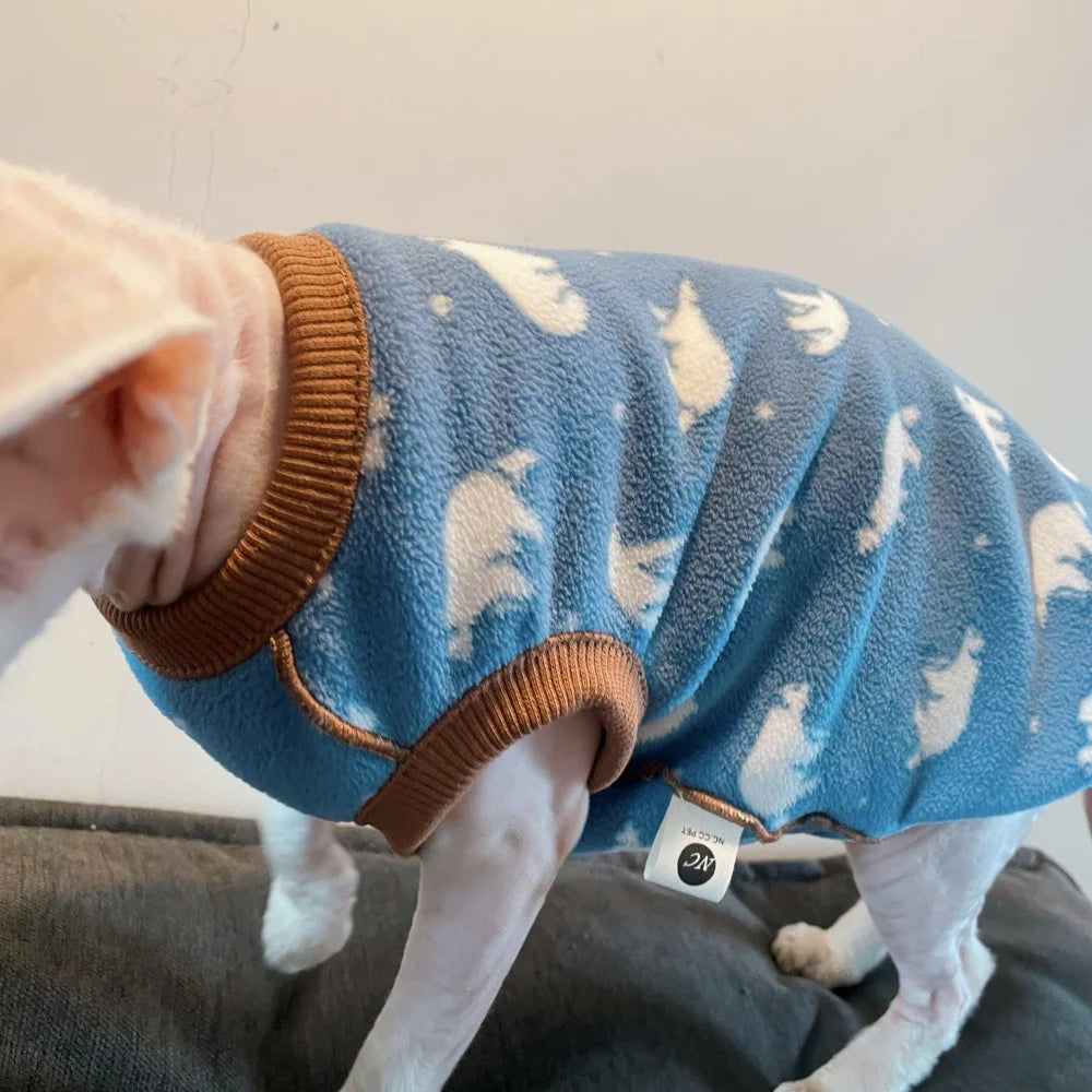 Sky Blue Soft Fleece Sweater for Sphynx Cat Spring Sweet Short Sleeves Animal Print Jumpsuit for Devon Rex Winter Vest for Dogs