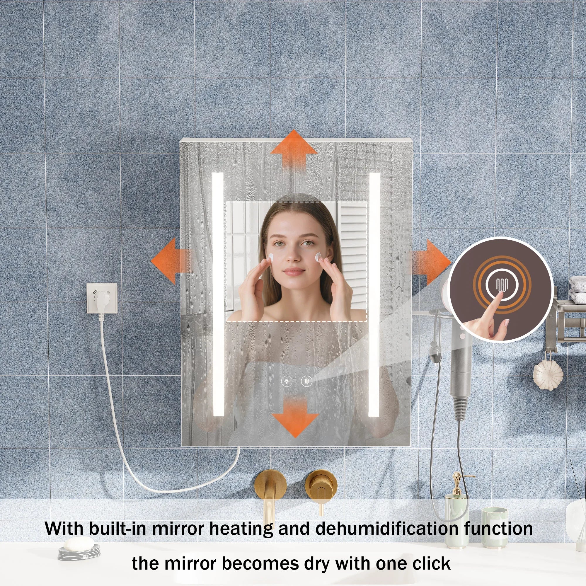 3-colour memory defogger, dimmer mode, LED bathroom mirror, wall-mounted bathroom cabinet, medicine cabinet with adjustable shelf.
