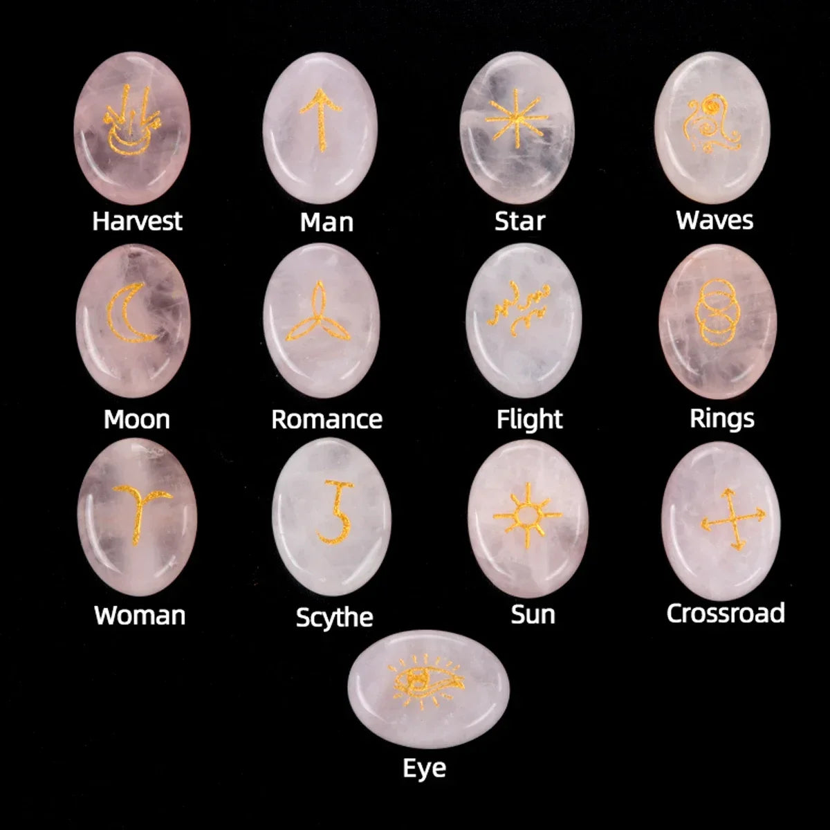 13pcs Witch Runes Natural Crystal Beads Onyx Semi-Precious Carved Ruini Lune Runes Set Decorative Reiki Jewelry Accessories Gift