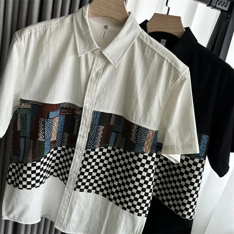 2025 New Japanese Retro Contrasting Colors Summer Plaid Spliced short-sleeved Shirt Men's Casual Clothes