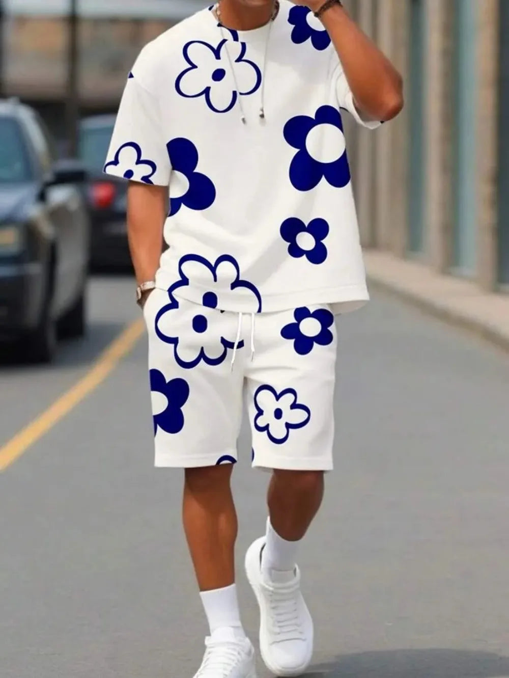 Men's 3D printed round neck short sleeved breathable and comfortable round neck T-shirt shorts set outdoor casual two-piece set