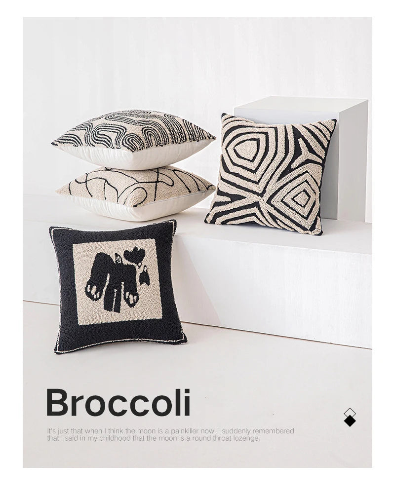 New Geometric Abstract Embroidered Cushion Cover Modern Beige Black Fully Tufted Pillowcase Home Decorative Pillows for Sofa