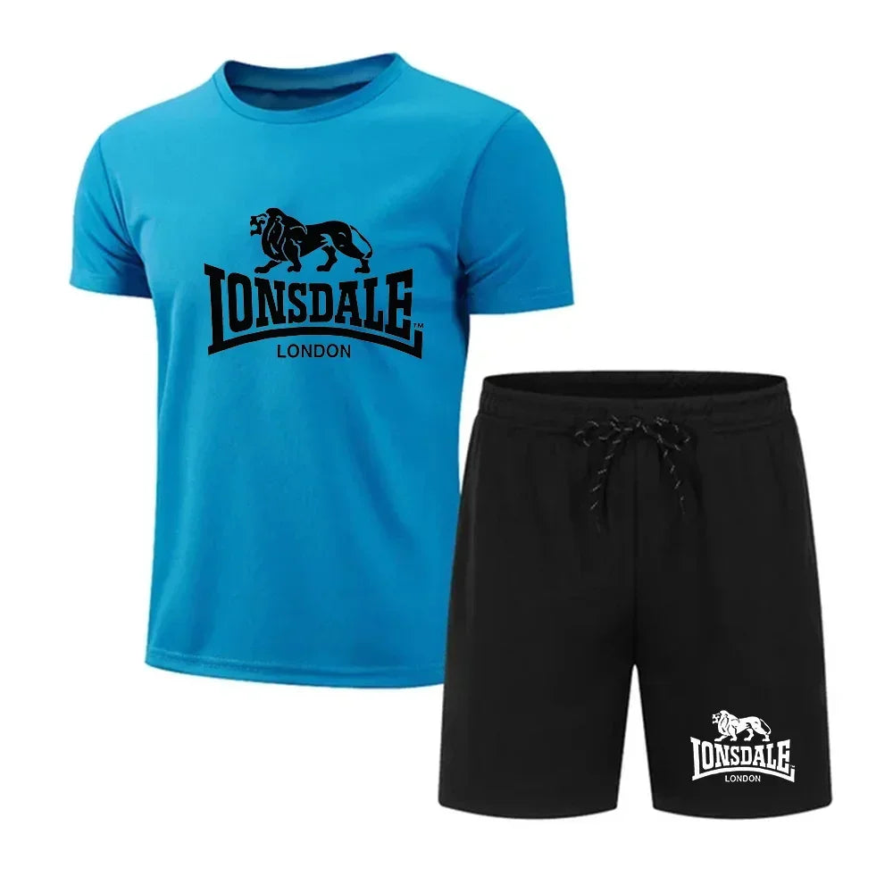 Men's summer T-shirt+shorts mesh set Lonsdale printed quick drying breathable sports set short jogging gym casual sportswear