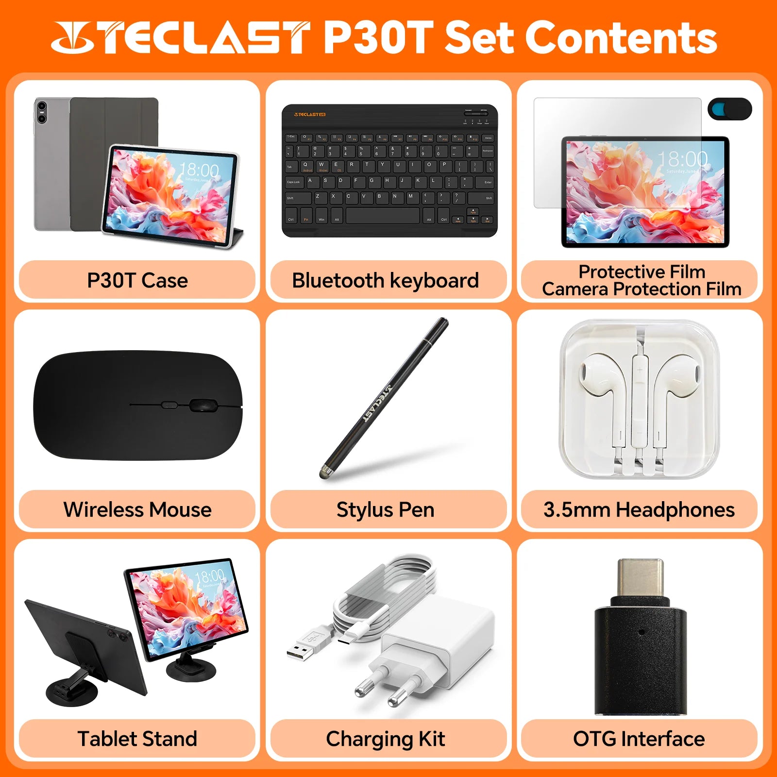 Teclast P30T Set 10.1" Tablet Android 14 T606 8-core Max 12GB RAM 128GB ROM 6000mAh Keyboard/Case/Mouse/Stylus/Headphone/Stand