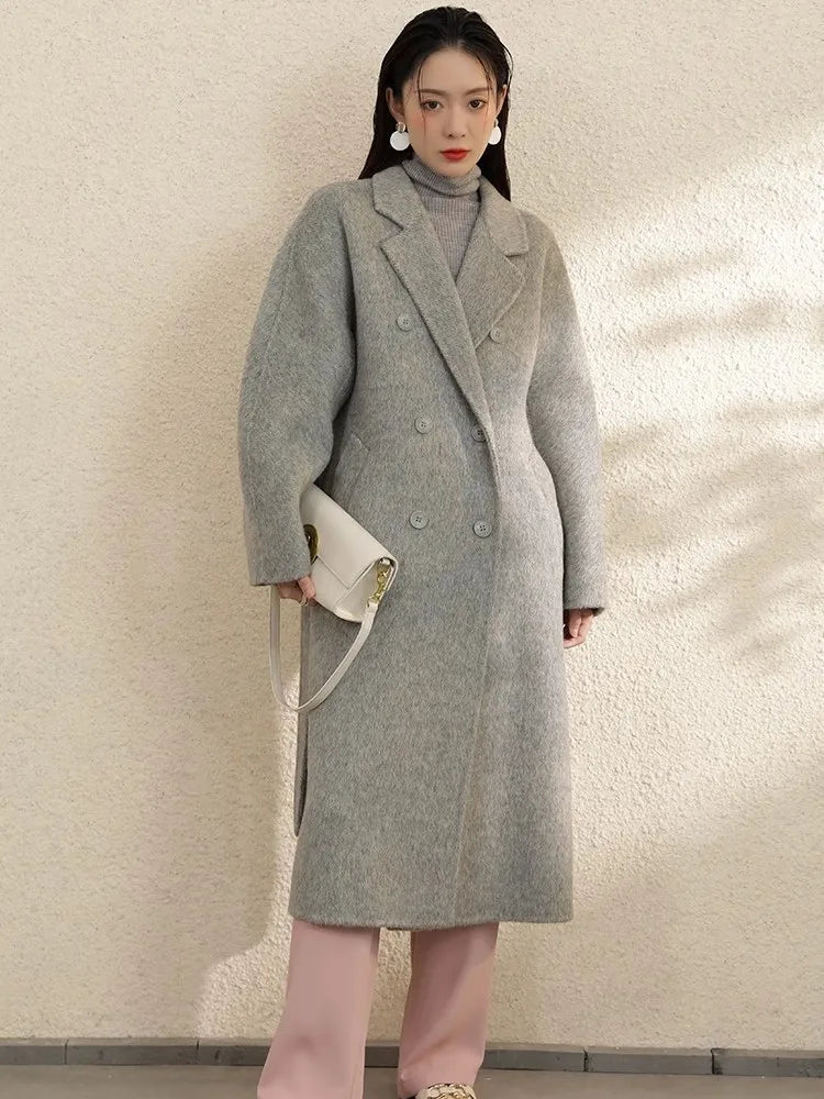 High Grade Gray Double-Sided Cashmere Coat For Women In Autumn And Winter With Hand Sewn Lapel And Double Breasted Long Coat