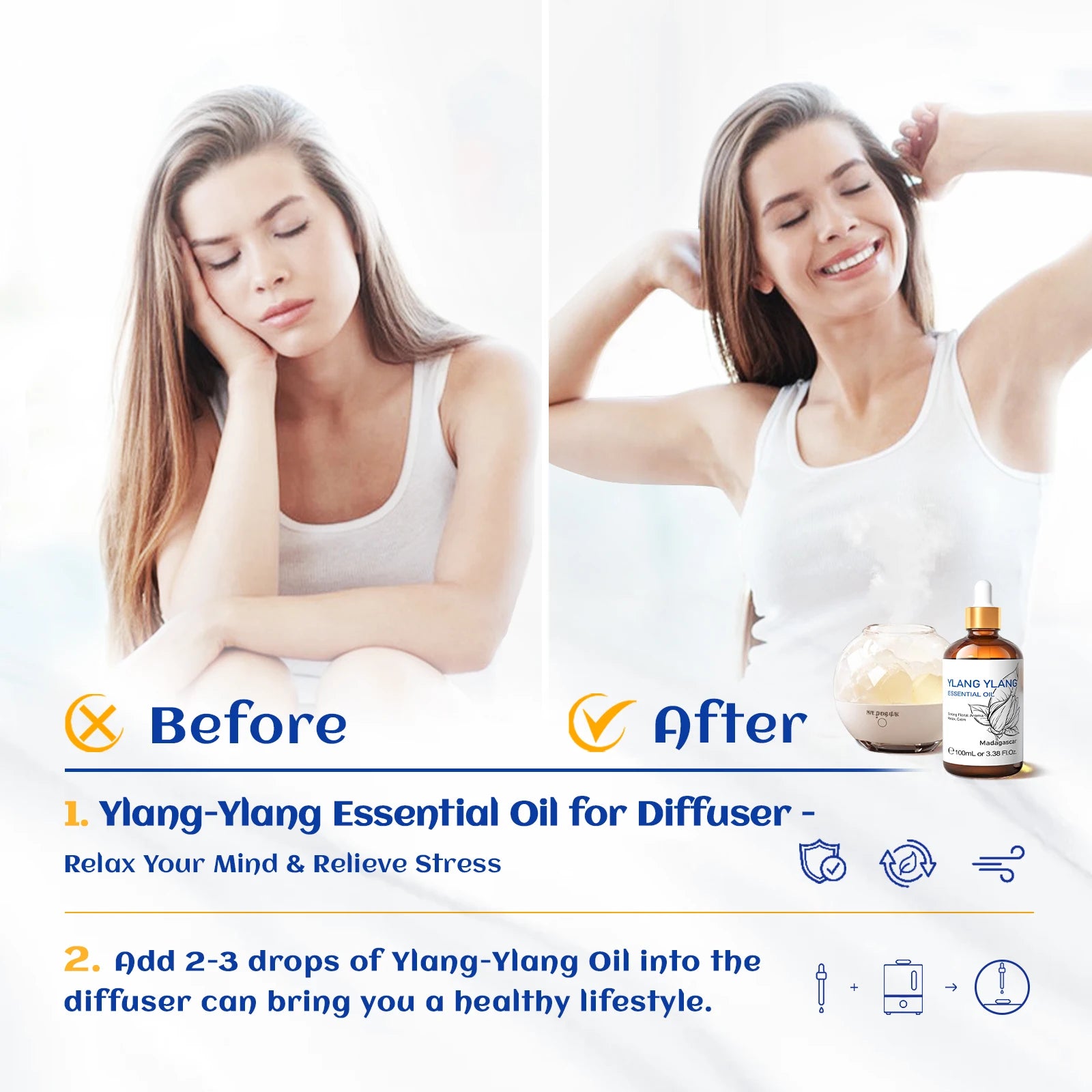 HIQILI Ylang-Ylang Essential Oil 100ML Citronella Geranium 100% Natural Tree Oil for Skin Massage Stress Relief & Aromatherapy