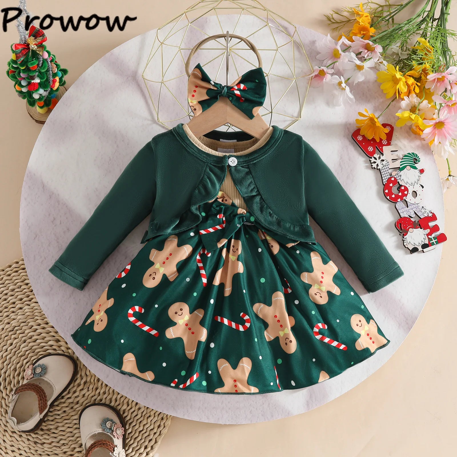 Prowow 0-3Y New Year Baby Dresses Green Velvet Coat Cardigan+Gingerbread Man Dress For Newborns My First Christmas Baby Clothes