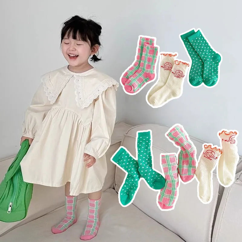 3PCS/Set Girls' Socks Korean Children's Cotton Mesh Mid Tube Socks 2-12Y Baby Girls Kids Versatile Thin Breathable Trendy Socks