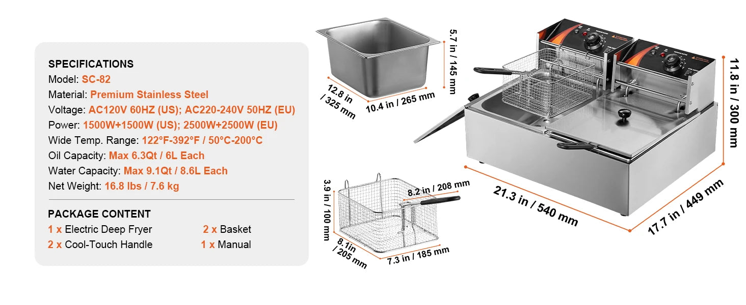VEVOR  12L 5000W Electric Deep Fryer w/Dual Removable Tanks Commercial Countertop  Fryer for Chicken French Fries Frying Chips