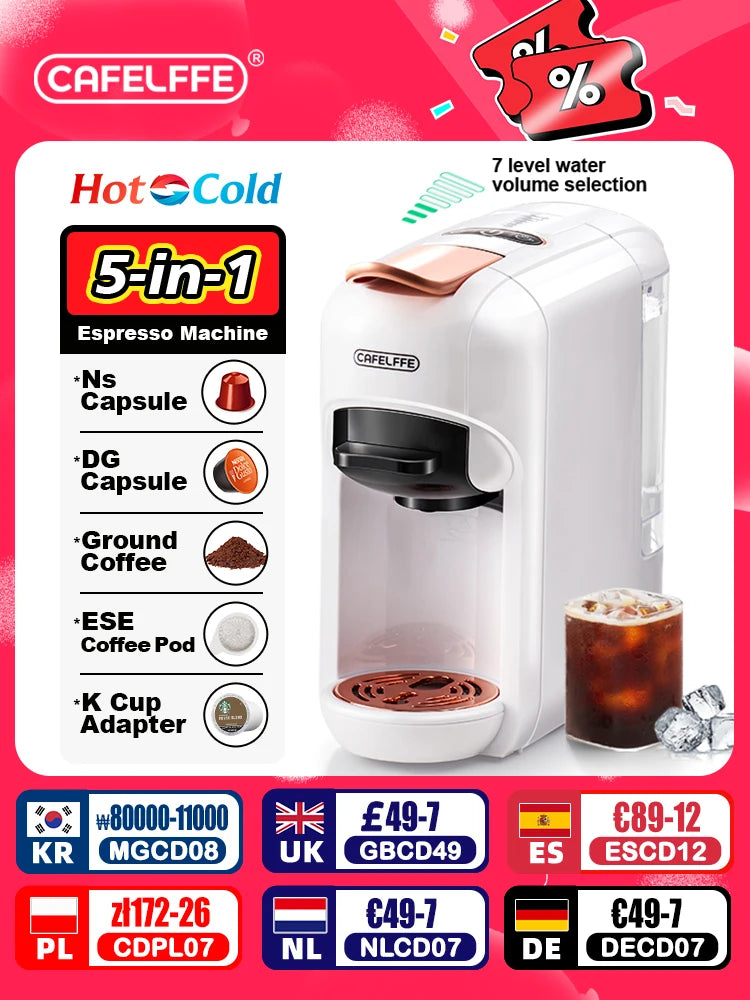 Cafelffe 5 in 1 Capsule Coffee Machine Fit Dolce gusto Nespresso Capsule ESE Pod Ground Coffee K-cup 19Bar Hot/Cold,gift-giving