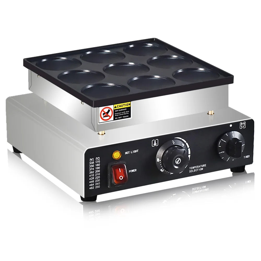 Mini Pancakes Maker Machine, Dutch Mini Pancake Griddle, 9 Holes 76mm Diameter Dorayaki Baker Machine， Electric Poffertjes Pan