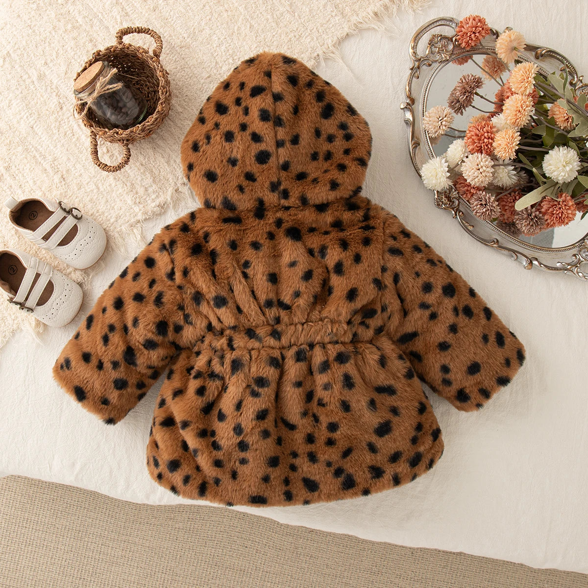Baby Clothes Girl Winter Full Printed Spot Pattern Warm Lamb Suede Baby Girl's Outerwear Hooded Cute Casual Girl's Coat