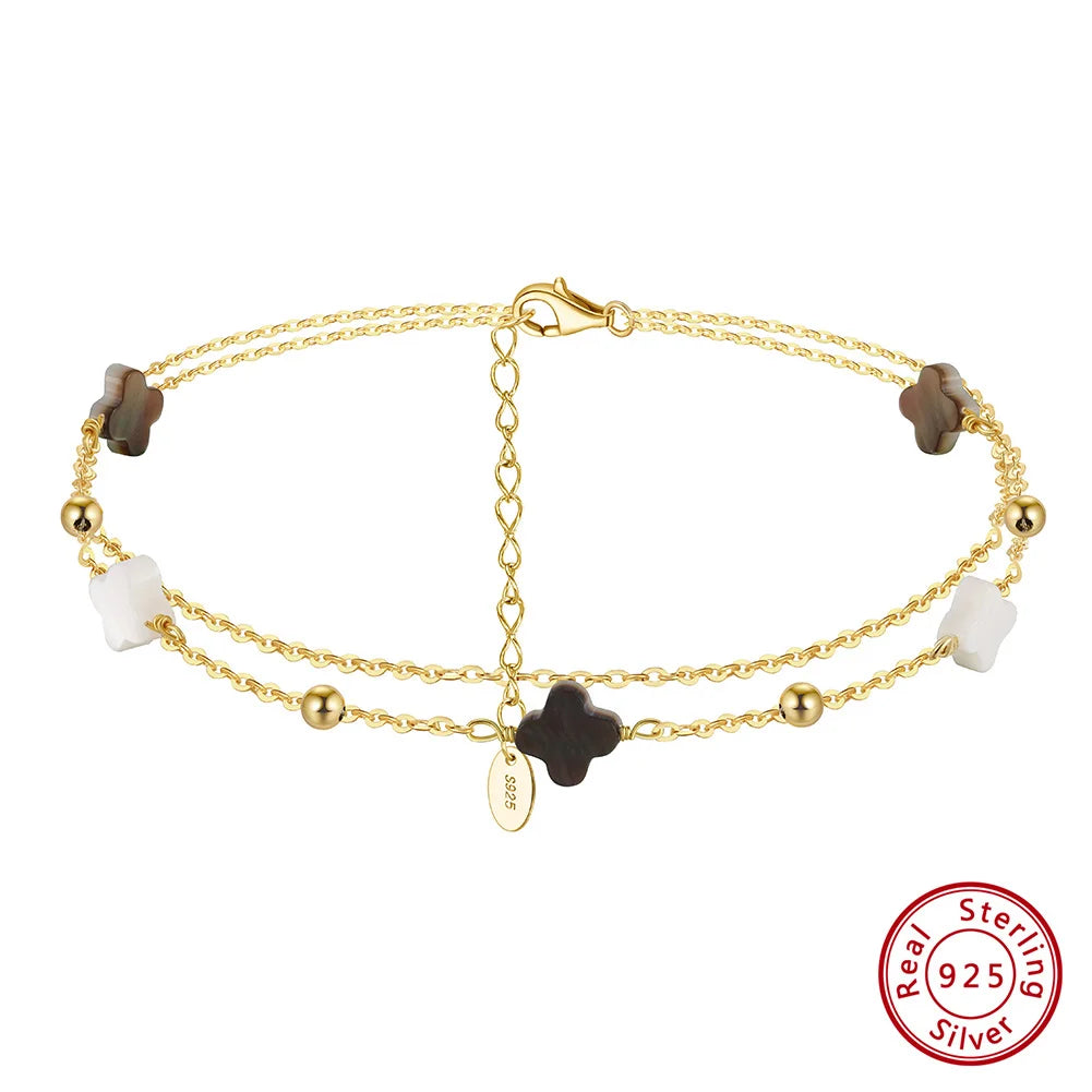 Rinntin Genuine 925 Sterling Silver Double Layer Clover Chain Anklet Lucky Clover Charm Anklets Bracelet Female Jewelry GMA02