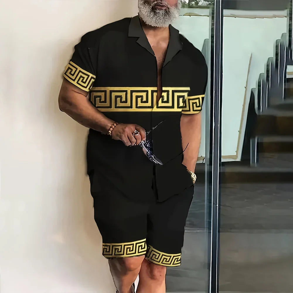 Vacation Men's 2-Piece Outfits Vintage Button Down Short Sleeve Shirt And Shorts Set Elastic Waist Shorts Short Sleeve Shirts