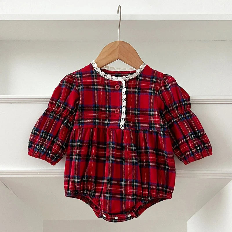 Christmas Infant Baby Girl Romper Autumn Winter Newborn Baby Girl Children Clothes Red Plaid Lapel Long Sleeved Newborn Romper