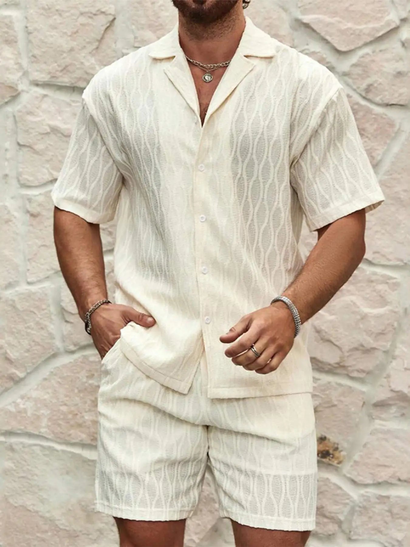 2025 New Summer Men's Casual Daily Outdoor Travel Solid Jacquard Lapel Short-sleeved Shirt Drawstring Shorts Two-piece Set