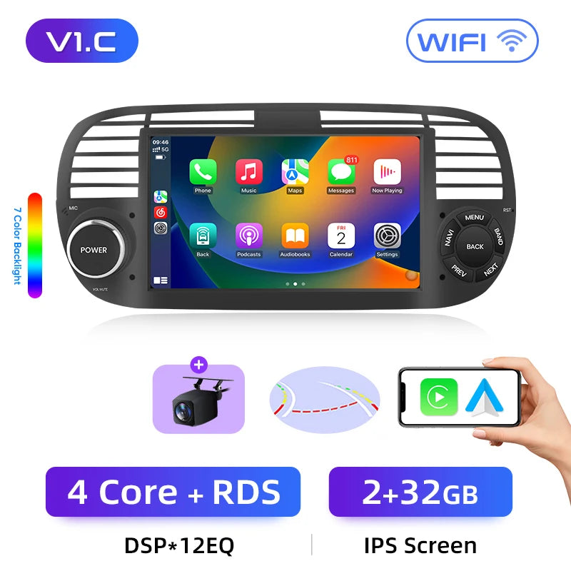 Junsun Android13 Car Radio For FIAT 500 500C Abarth 2007-2015 Car Smart Systems For Apple Carplay FM GPS SWC BT