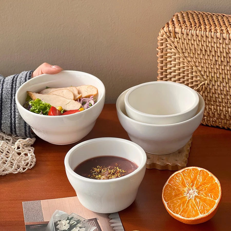 Simple White Ceramic Bowl Household Tableware Rice Bowls Breakfast Porridge Bowl Yoghurt Dessert Bowls