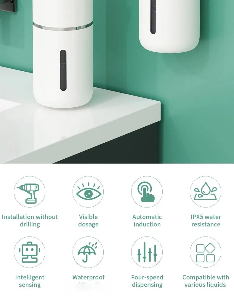 380ML Desktop Wall-Mounted Light Display 4-Levels Adjustable Electric Infrared Automatic Sensor Kitchen Bathroom Soap Dispenser