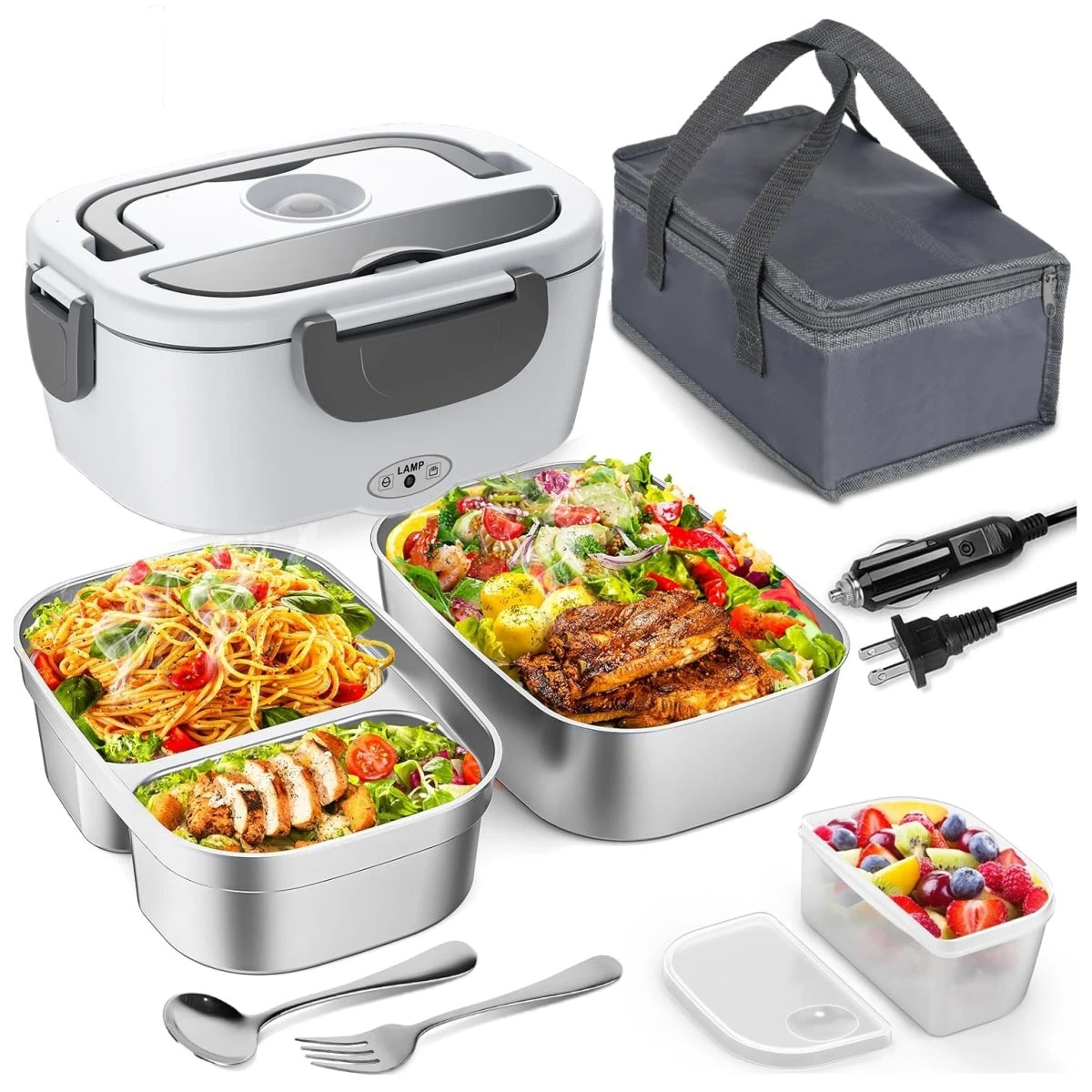 Electric Lunch Box for Adults-60W Fast HeatedLunch Box for Men&Women with Dual 1.5LStainless Steel Containers Fast Heating Porta