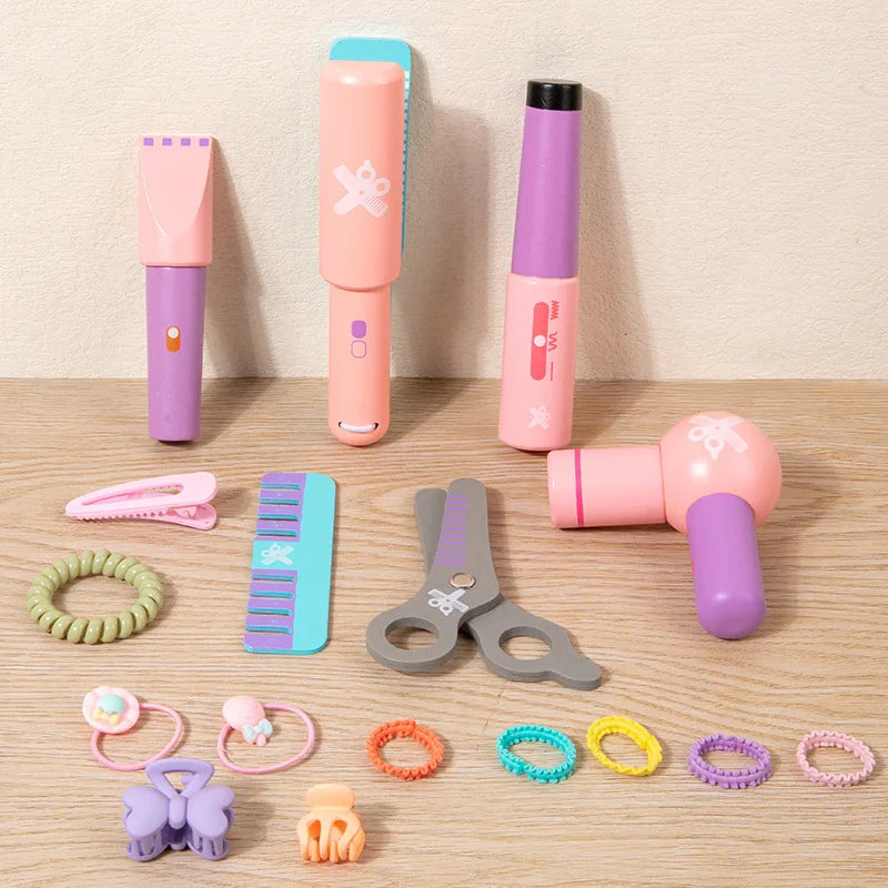 Kids Wooden Makeup Haircut Toy Beauty Fashion Salon Playset Games Combs Hair Dryer Pretend Play House Barber Makeup Kit Girl Toy