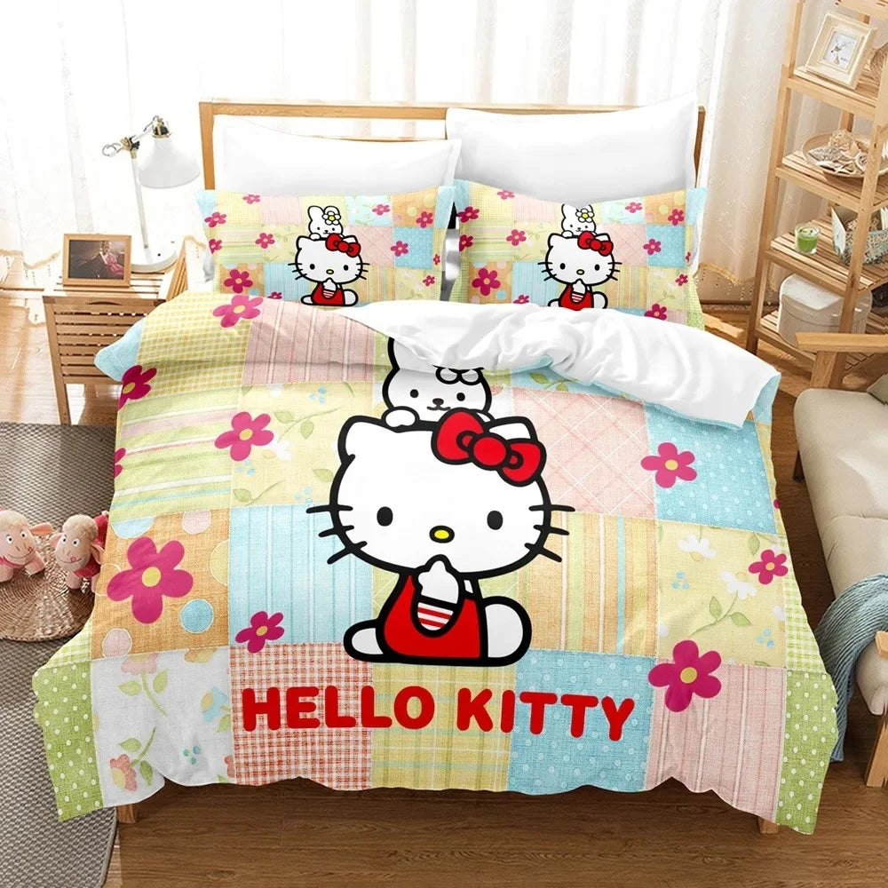 Sanrio Hello Kitty Cartoon Big Size Bedding Set Pink Cats Kawaii Duvet Cover For Girl Kids Single Decor Home Bedclothes Custom