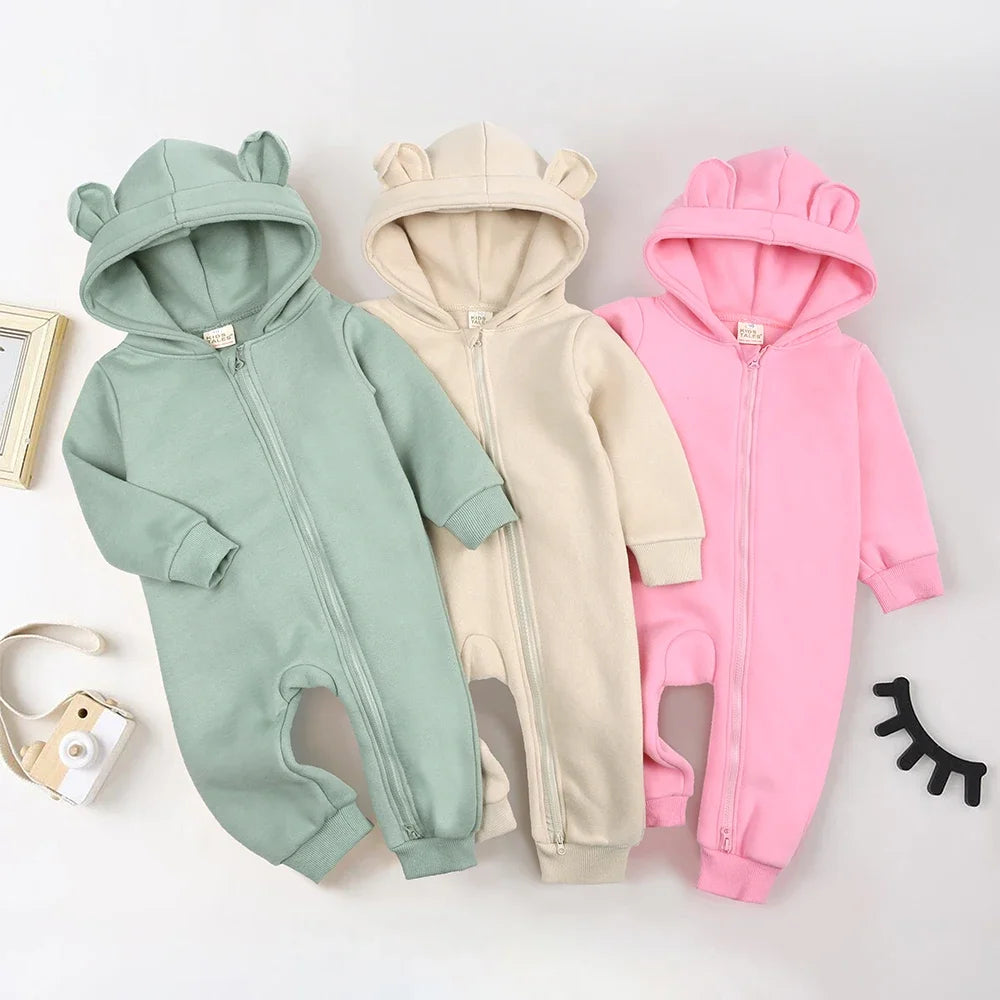 2025 Newborn Baby Romper Warm Clothes Winter Thicken Fleece Hooded Bear Onesie Toddler Boy Girl Jumpsuits Infant Pajamas